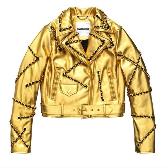 Gold Leather Moschino “H&Moschino” Chains Jeremy Scott Cropped Jacket NWT - Picture 8 of 17